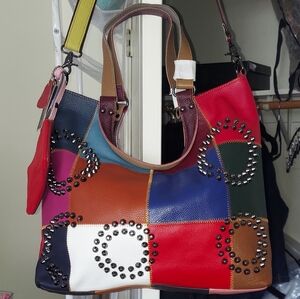 AMERICAN LEATHER STUNNING Colorful Patchwork Studded Tote Bag and Pouch NWT
